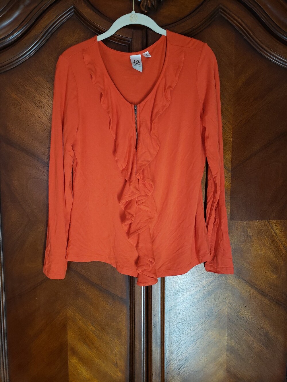 ** 4 For $15 **  Marc Bouwer Orange Ruffle Zip-Front Long Sleeve Top